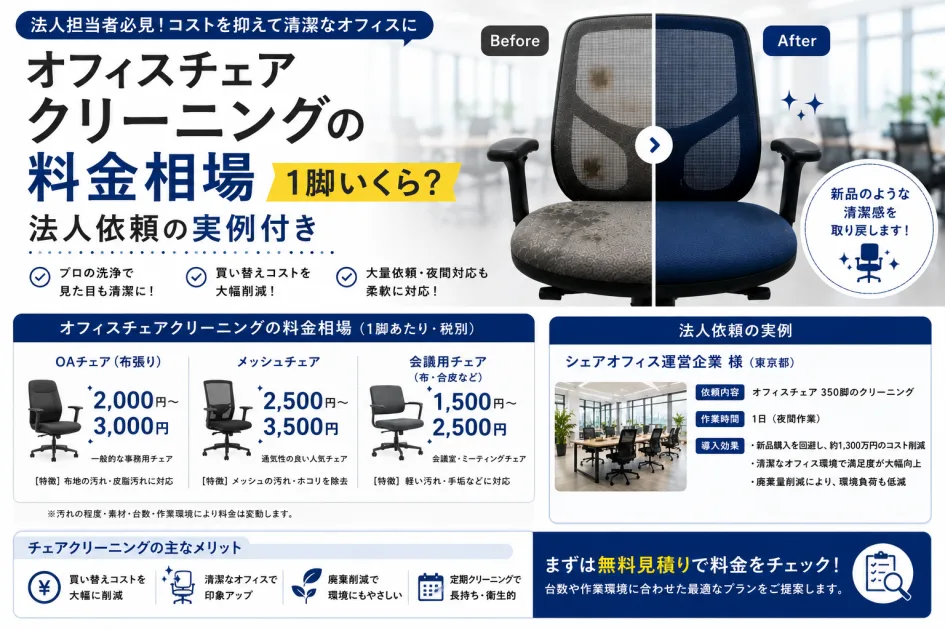 オフィスチェアクリーニングの料金相場｜1脚いくら？法人依頼の実例付き